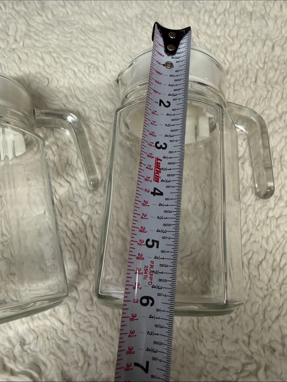 Set of 2 Clear Glass water pitchers spout 3 cups capacity with White Lids